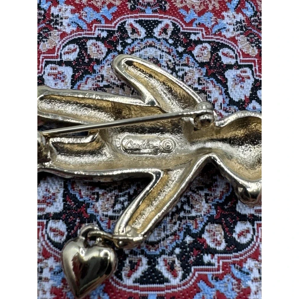 Carolee Vtg‎ Gold Tone Teddy Bear Brooch Red Enamel Bow Heart Charm Rhinestone